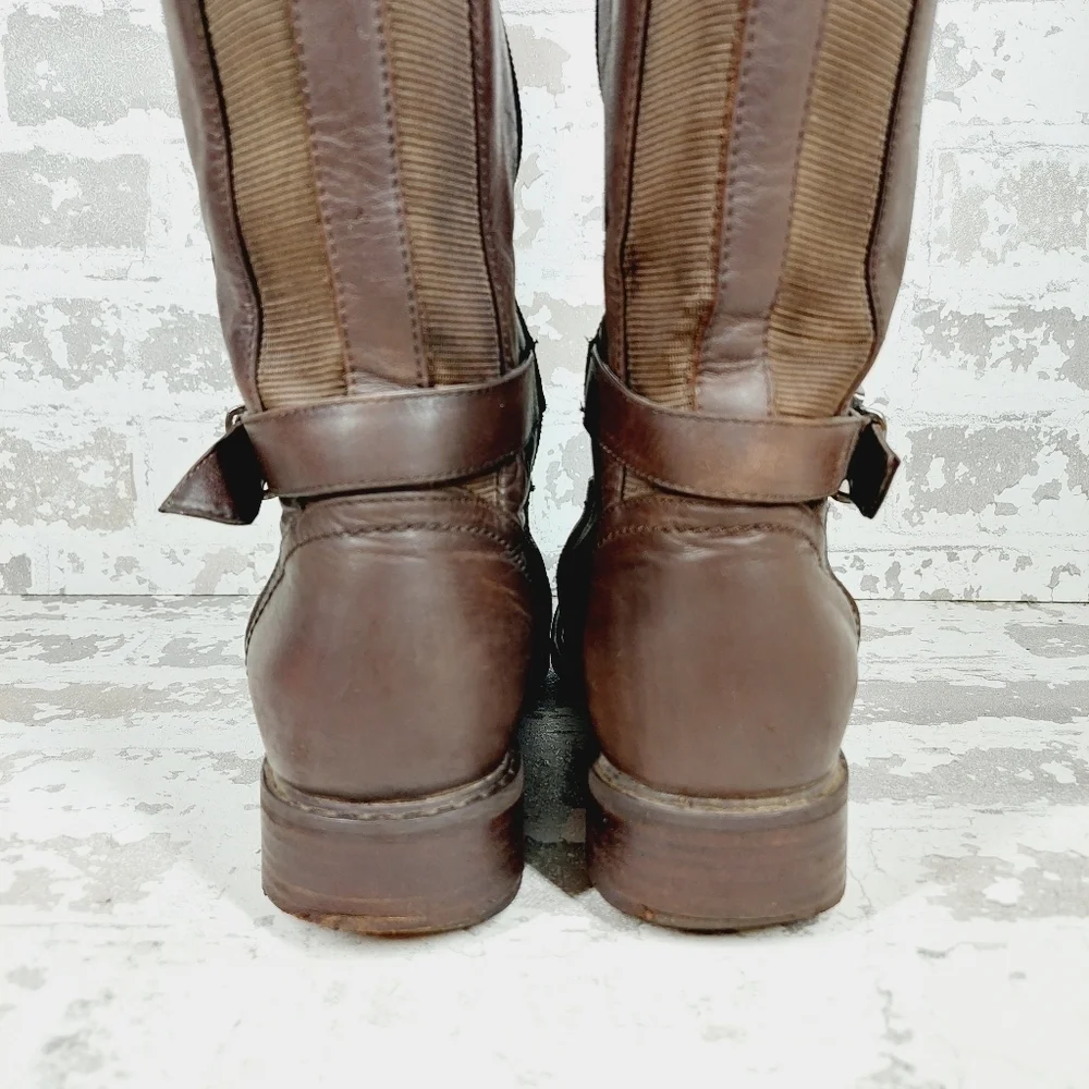 Blondo Valente Brown Leather Elastic Panel Buckle Detail Riding Boots H684
